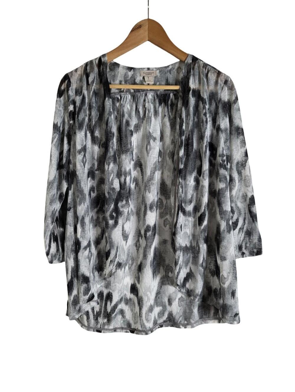 Easyware Sheer Open Front Cardigan Black And White Animal Print 3/4 Sleeves Sz 1